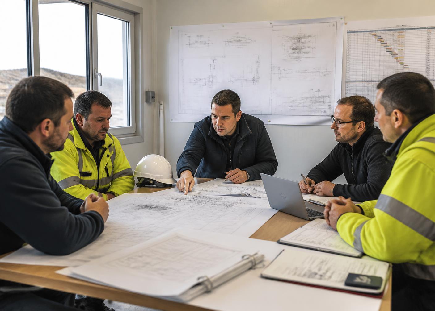 Reunión de gerencia de proyecto en campamento de obra revisando planos y programación