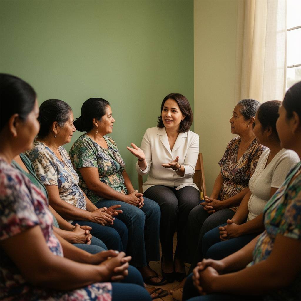 Psicóloga facilitando un círculo de contención emocional con cuidadoras.