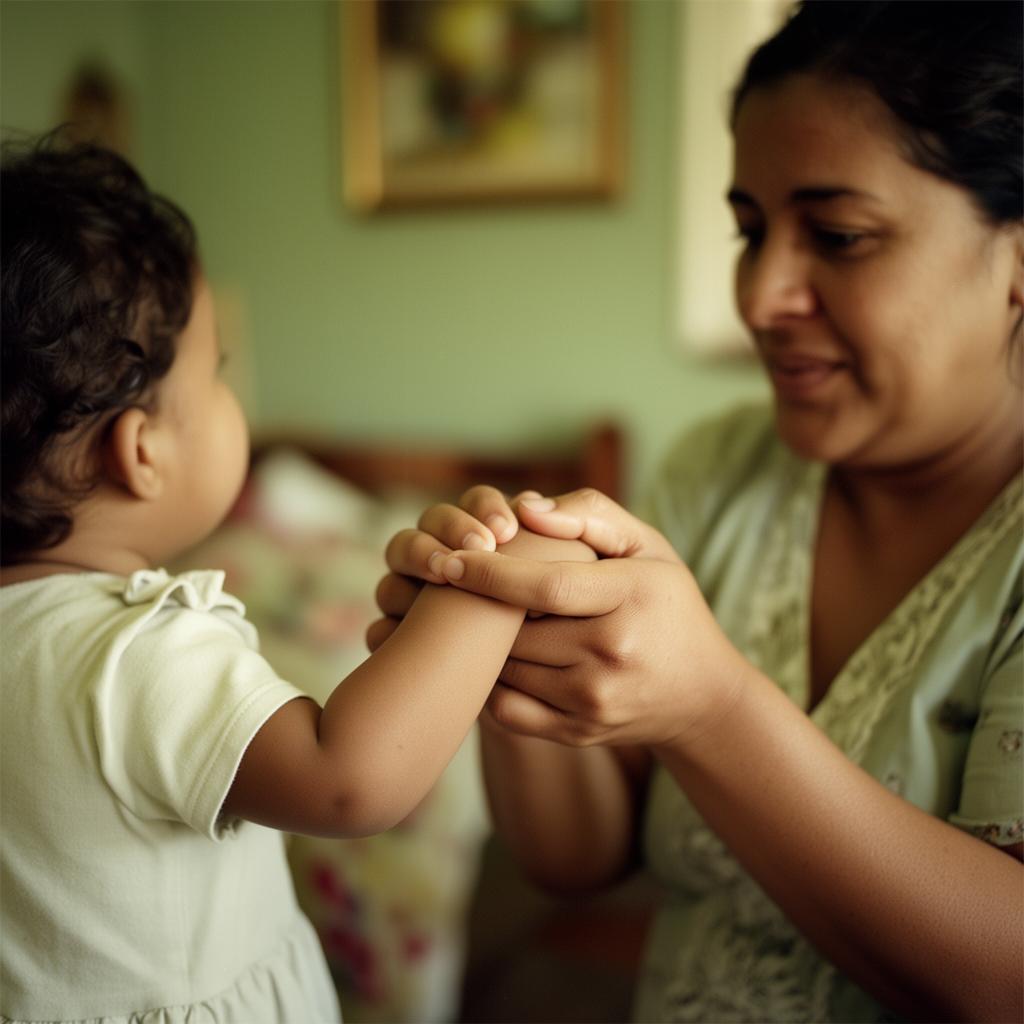 Madre cuidadora tomando con ternura la mano de su hijo.