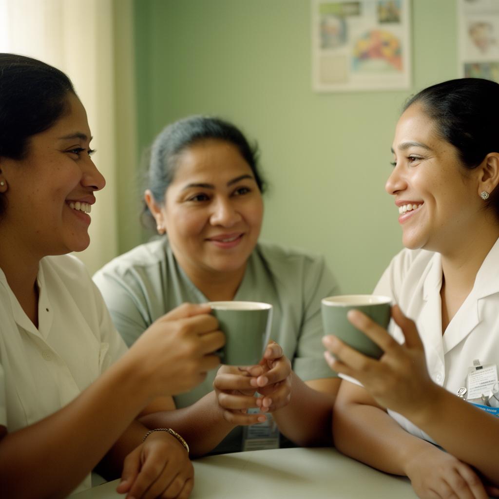 Cuidadoras compartiendo un café y conversando después de un taller.