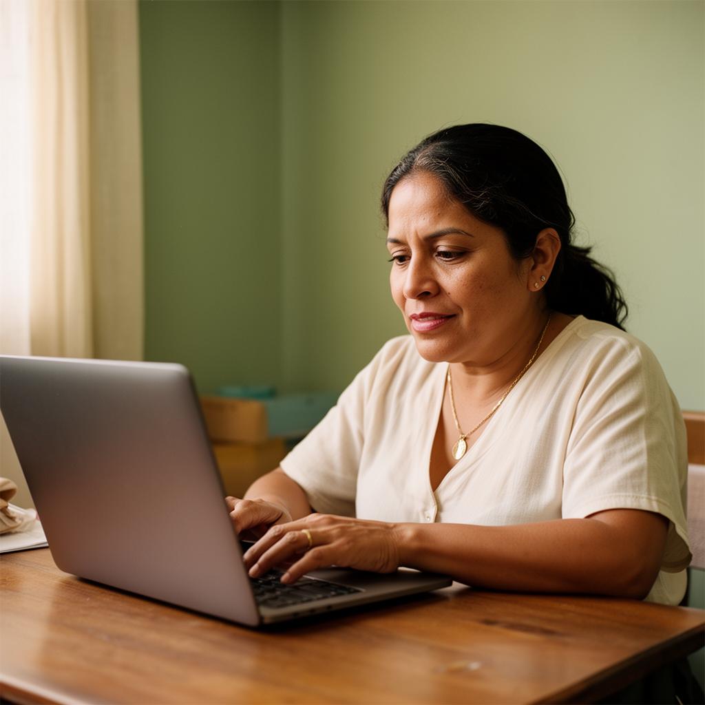 Madre cuidadora aprendiendo habilidades digitales en su computador.