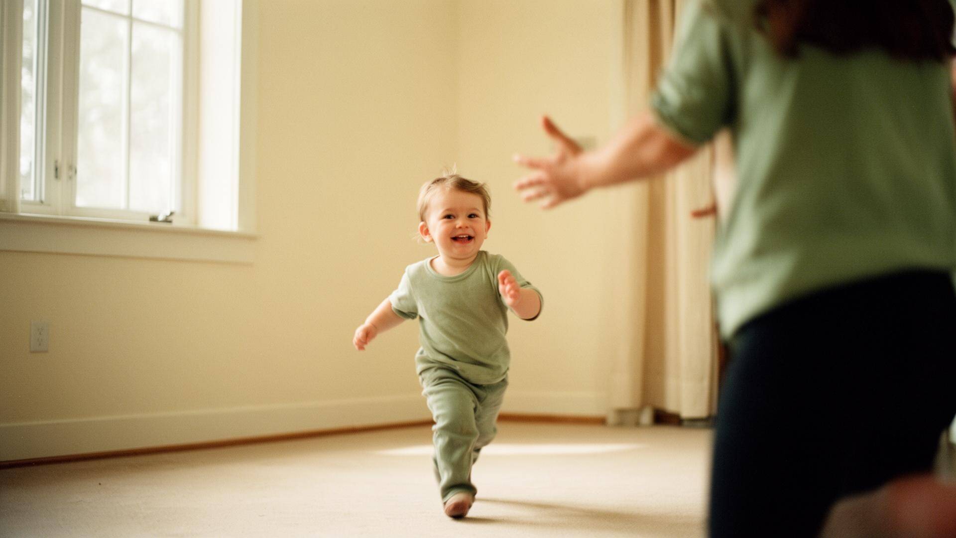 Un niño pequeño corre con alegría hacia los brazos abiertos de una persona adulta, en una habitación con luz natural cálida.